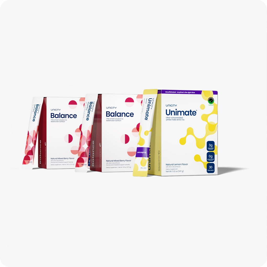 Unicity Feel Great Balance Bundle – 2x Balance Natural Mixed Berry + 1x Unimate Decaf Natural Lemon