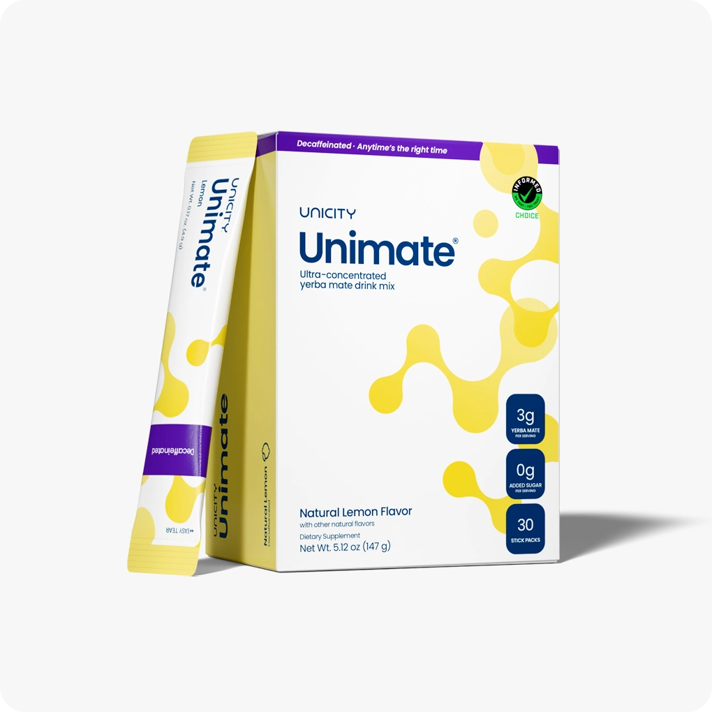 Unicity Unimate Decaffeinated – Natural Lemon Flavor, 30 Stick Packs, 5.12 oz (147g)