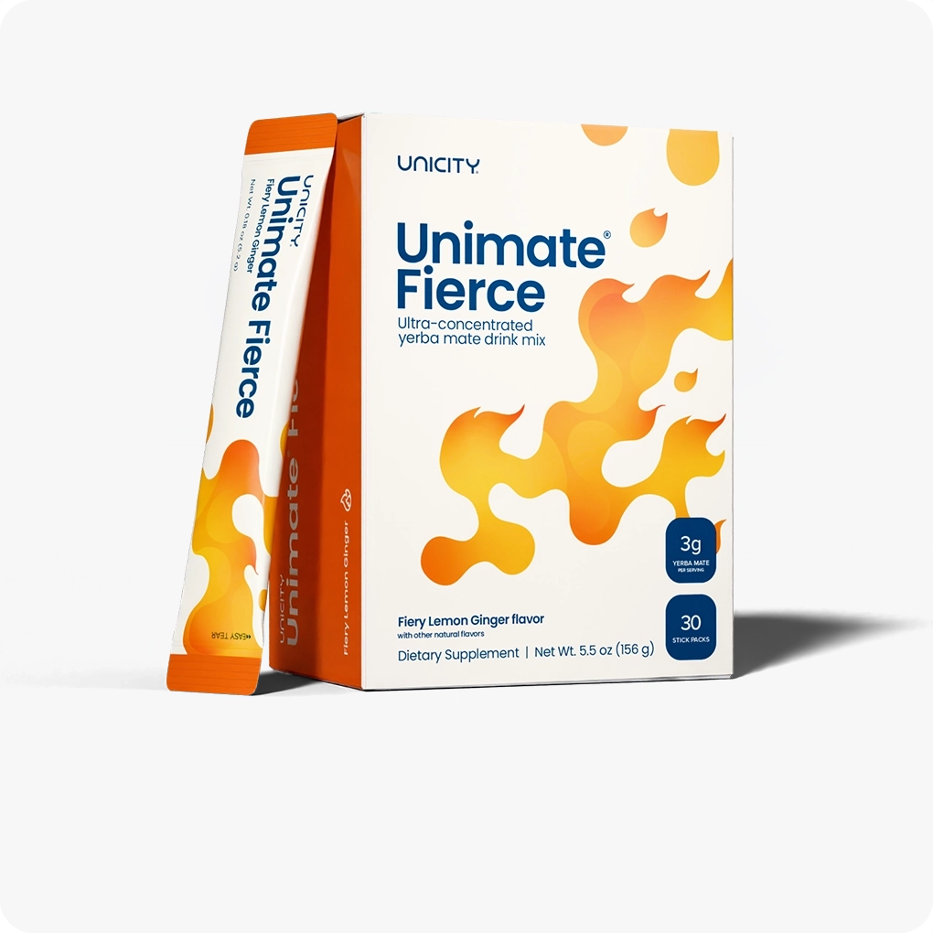 Unicity Unimate Fierce – Fiery Lemon Ginger Yerba Mate Drink Mix, 30 Stick Packs